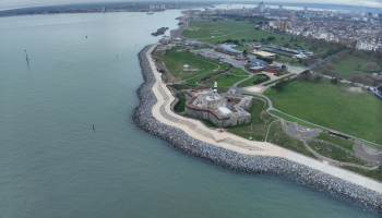 Aerial shot over Southsea flood defence scheme