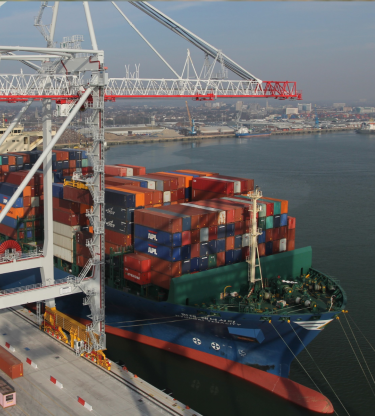 Aerial shot showing a commercial ship berthed