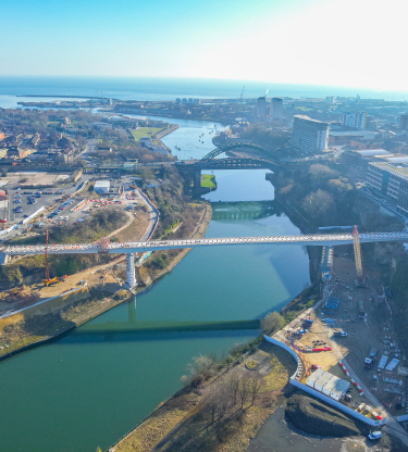 Aerial view of footbridge being built over River Wear