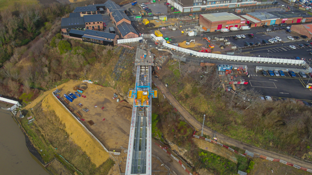 Aerial view of footbridge being built over River Wear