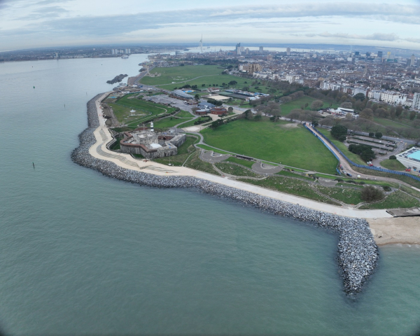 Aerial view of Southsea Castel with promenade to the front onto the sea