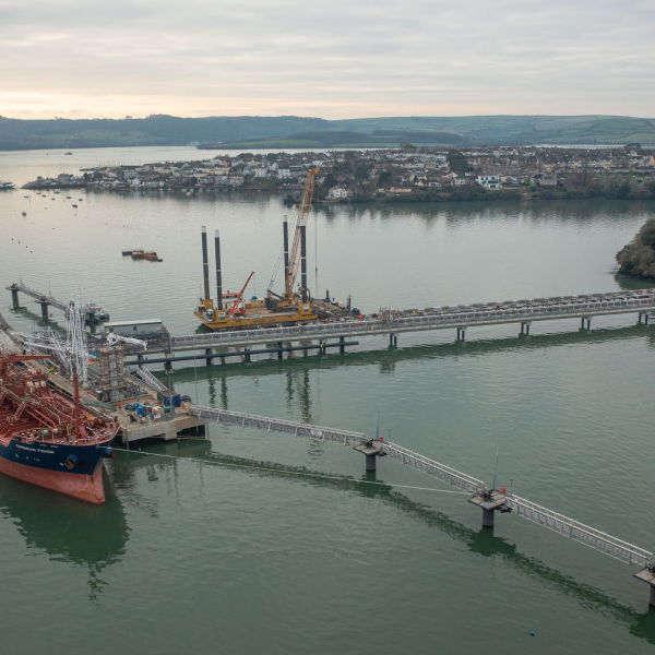 Aerial shot showing ship berthed at Thanckes Oil Fuel Jetty