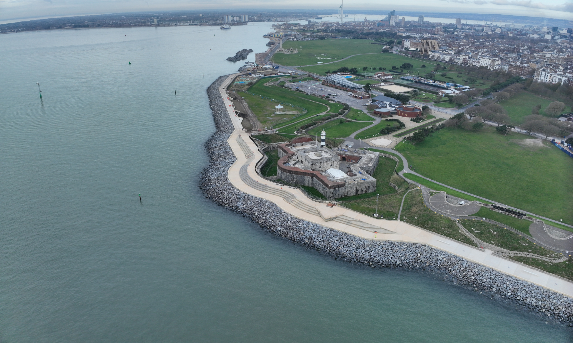Aerial shot over Southsea flood defence scheme